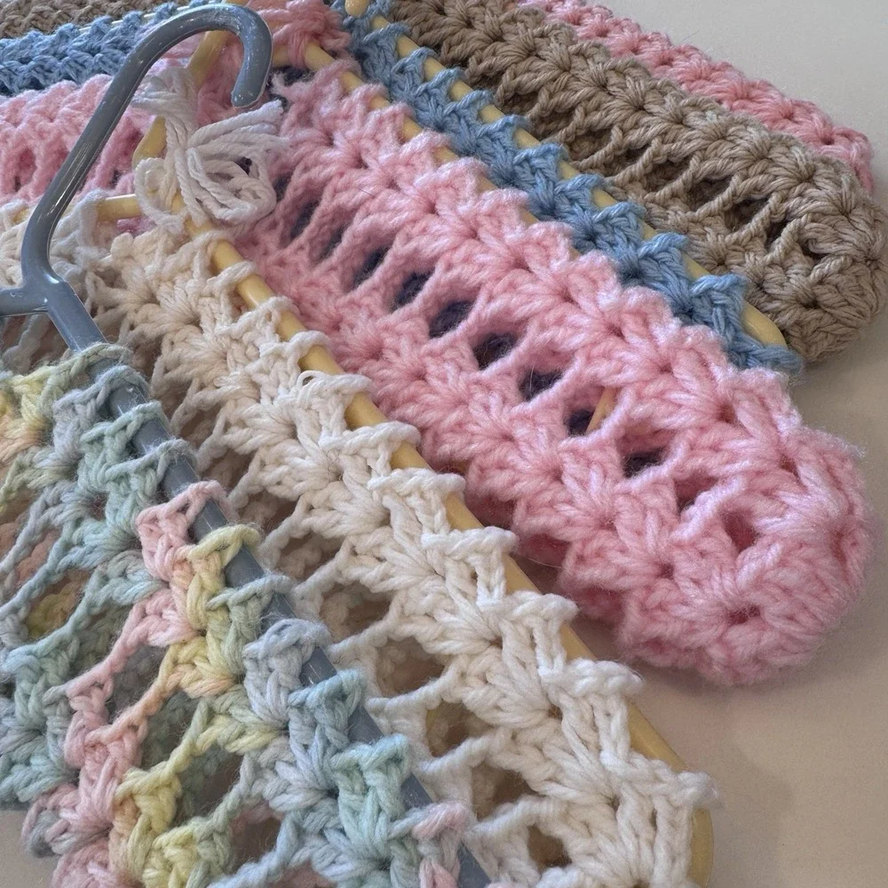 10 Vintage Handmade Crochet Clothes Hangers Colorful Yarn Cottage Core His & Her